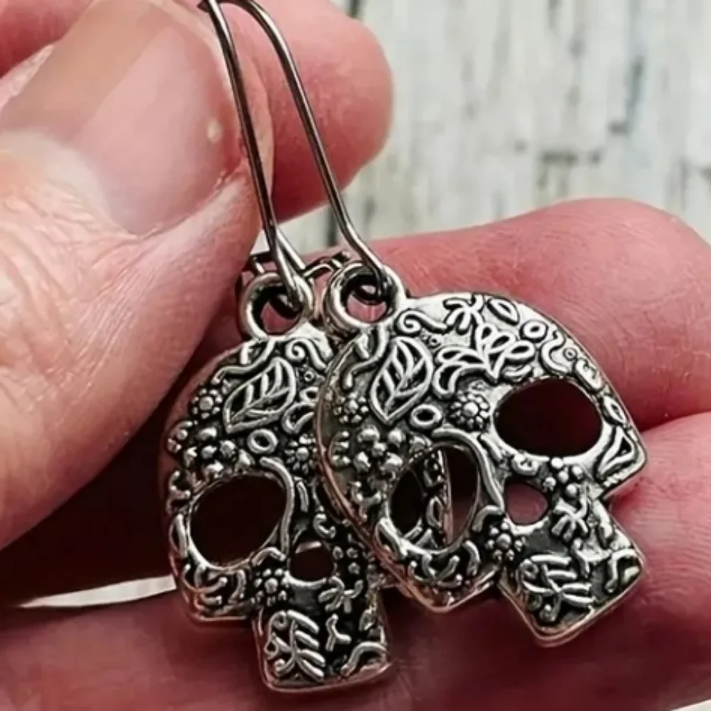 Intricate Silvertone Sugar Skull Earrings - Picture 3 of 4